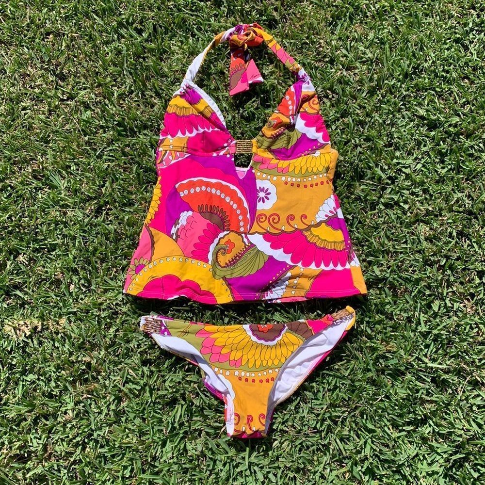 Trina Turk Pink Orange Yellow Printed Halter Tankini Bikini Set